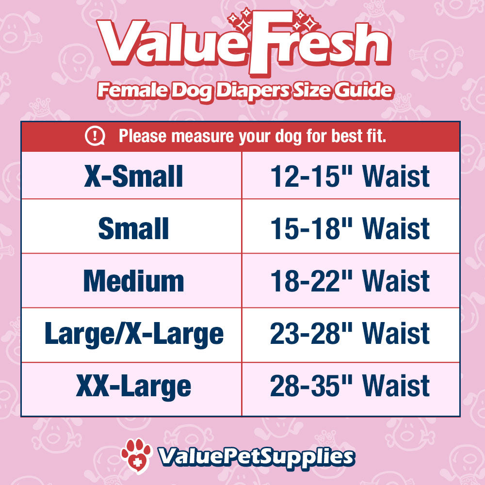バリューフレッシュ メス犬用使い捨ておむつ、X-Small、288枚入り BULK PACK - 尾部穴付きフルカバー、引っ掛かり防止ファスナー、漏れ防止、おしっこインジケーター付き